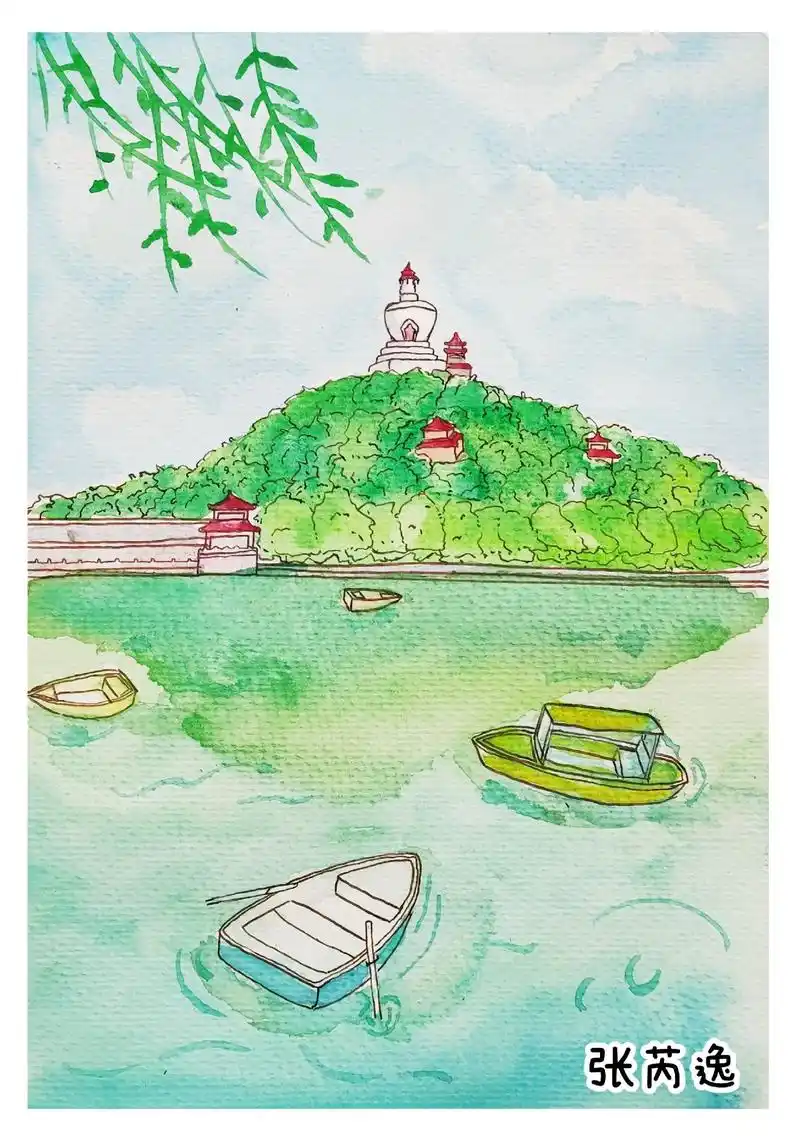 水彩手绘春天的北海公园钢笔淡彩