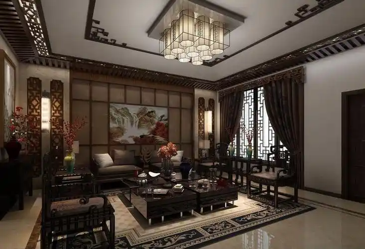 中式古典风格客厅吊顶装修效果图