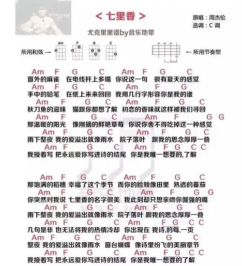 七里香尤克里里谱弹唱版c调简单版音乐地带编配周杰伦