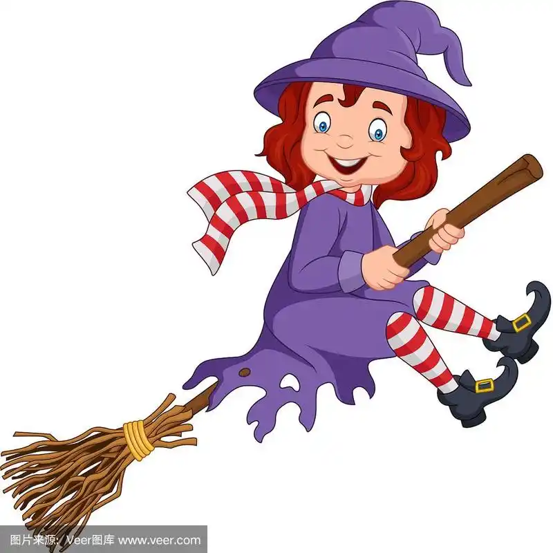 卡通小女巫用飞天扫帚飞行