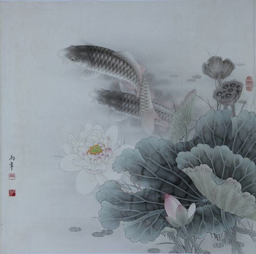 工笔画底稿路雨年荷花鲤鱼斗方白描打印稿宣纸本店国画