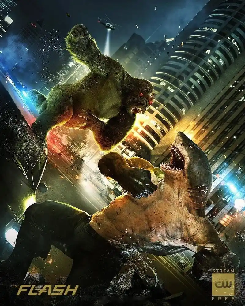 《闪电侠》本季第15集海报:金刚大战巨齿鲨(划掉)格鲁德大战鲨鱼王.