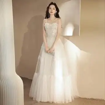 白色吊带晚礼服裙高级感森系订婚公主裙生日聚会主持演出服毕业春
