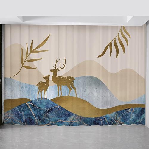 北欧窗帘现代简约轻奢新中式招财麋鹿客厅金色大气卧室遮光布纱帘