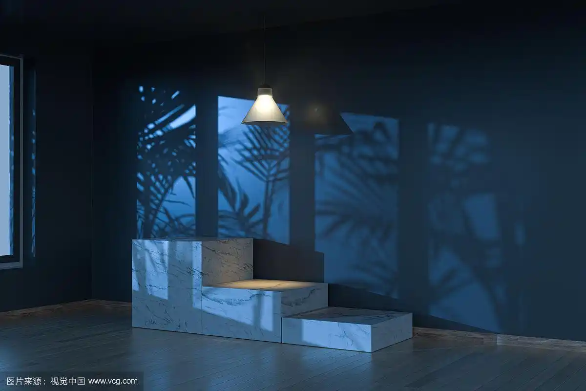 夜晚室内的吊灯与置物台 三维渲染