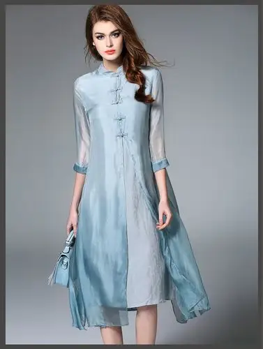 轻奢时尚品牌罗威女装2016夏季新款时尚中国风旗袍纯色假两件连衣裙中