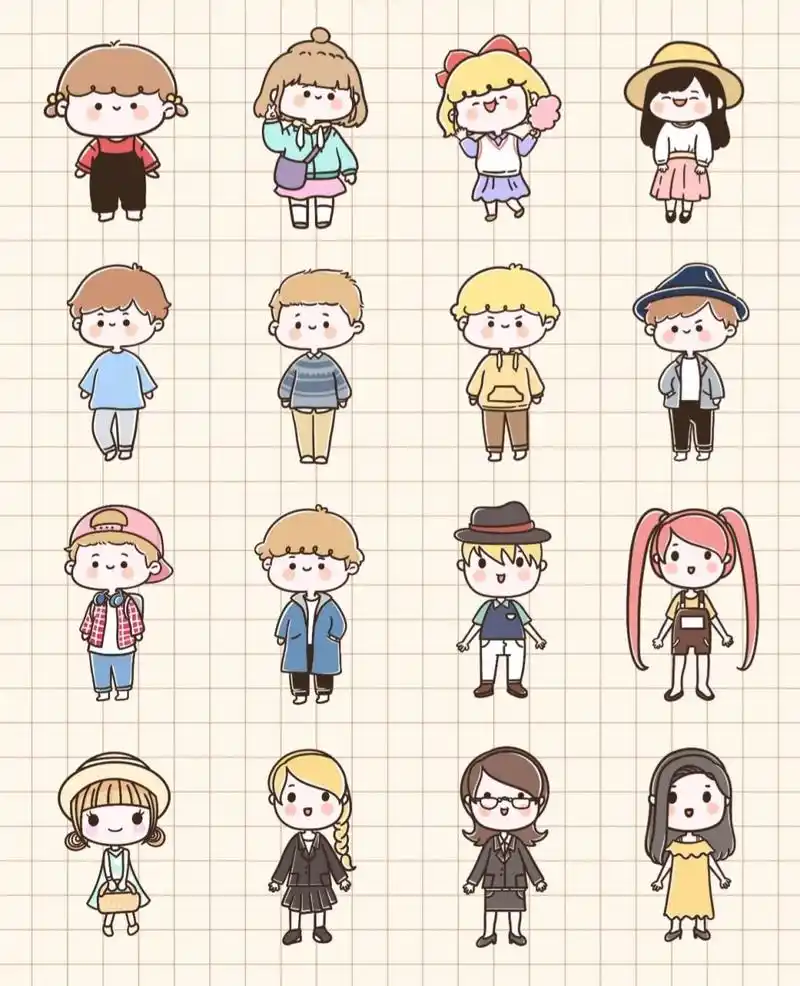 临摹自网络,可爱的卡通q版人物手绘,超级简单易学的手帐简笔画素材