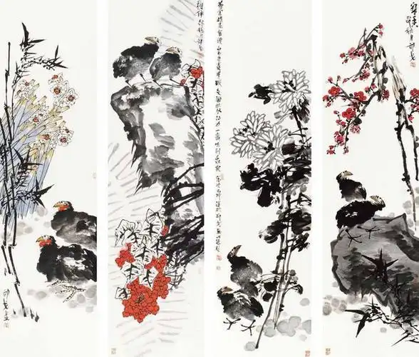 当代画家花鸟四屏作品欣赏