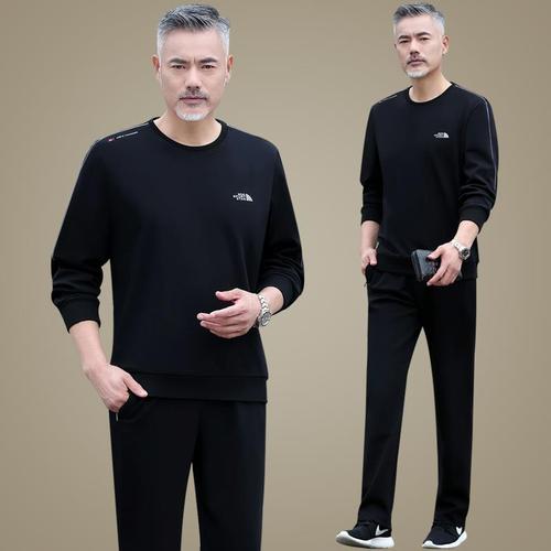 中年男士运动套装男春秋款圆领套头卫衣两件套大码中老年休闲服装