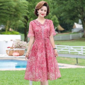 简丹诺中年妈妈夏天连衣裙小个子夏装雪纺洋气40一50岁中老年女装碎花