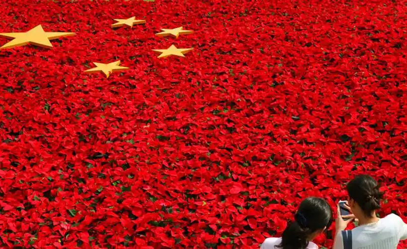 2012年9月29日,枣庄市市中区文化路小学的学生挥舞国旗和党旗在一起唱