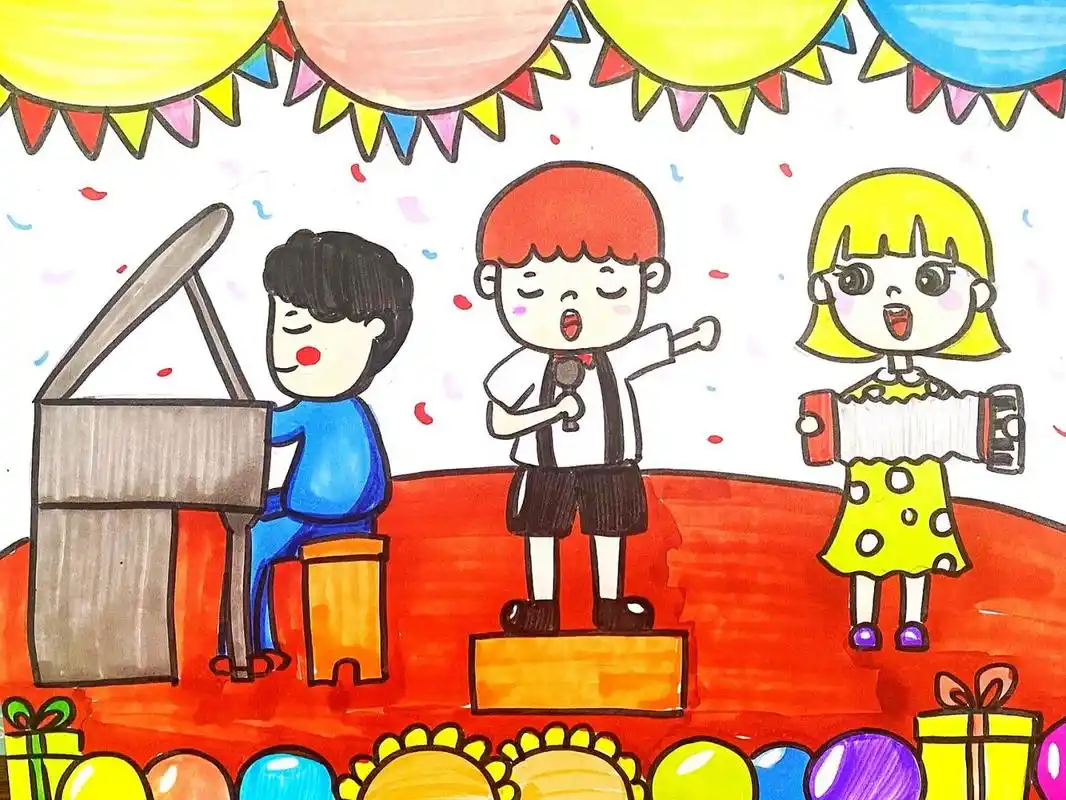舞台表演儿童画 #马克笔# #卡通画# #儿童画# #唱歌儿童画