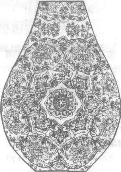 唐代织锦纹样.原物为包琵琶的锦囊,牡丹纹呈团花状.