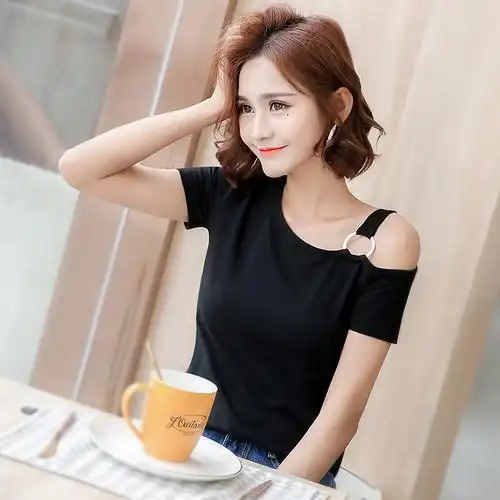 ins短袖t恤女2018夏新款韩版纯棉修身半袖一字肩漏肩性感露背上衣_7折