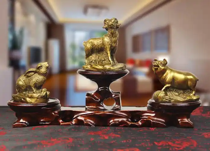 单独开光纯铜亥卯未三合木局摆件属猪兔羊吉祥物 猪兔羊三合摆件助运