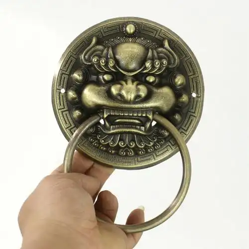 大门铜拉手纯铜仿古把手中式兽面门把手复古木门大门黄铜虎头拉环n3e