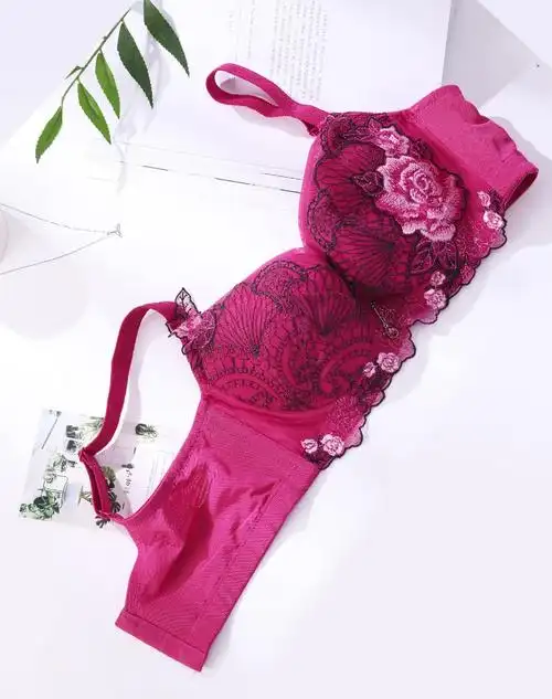 茜施尔内衣女薄棉杯网纱边性感刺绣聚拢大码薄款调整型文胸s6709w 玫