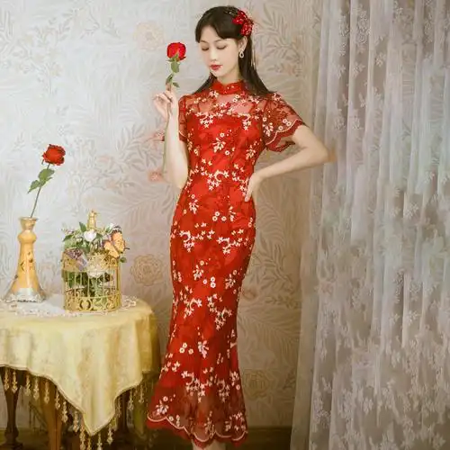 2022年春季新娘大红刺绣鱼尾敬酒旗袍优雅气质旗袍