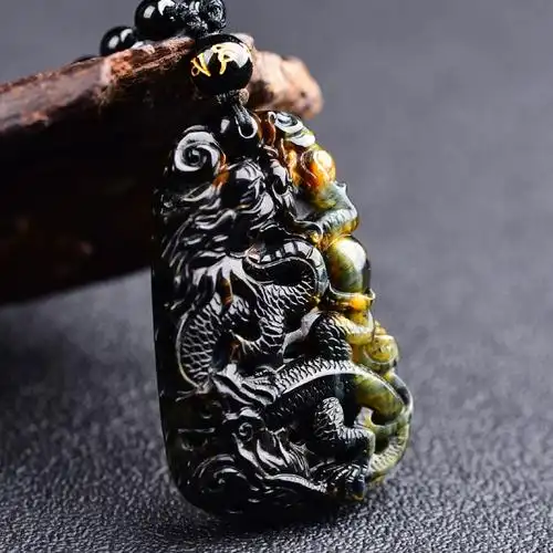天然虎眼石龙牌吊坠男士款霸气龙形挂坠项链水晶饰品个性礼物