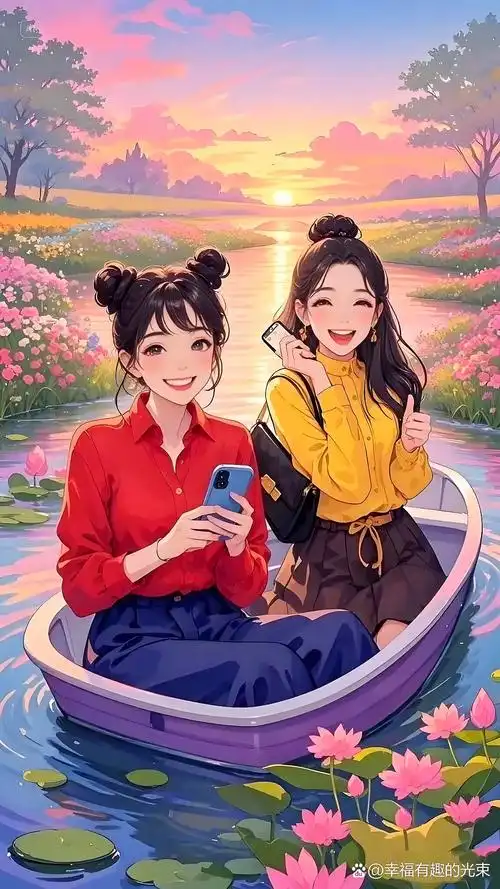 姐妹俩泛舟湖上, 落日余晖中共享宁静时刻