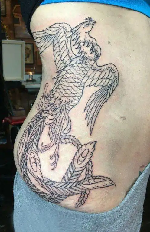 侧腰纹身女女生侧腰上黑色的凤凰纹身图片