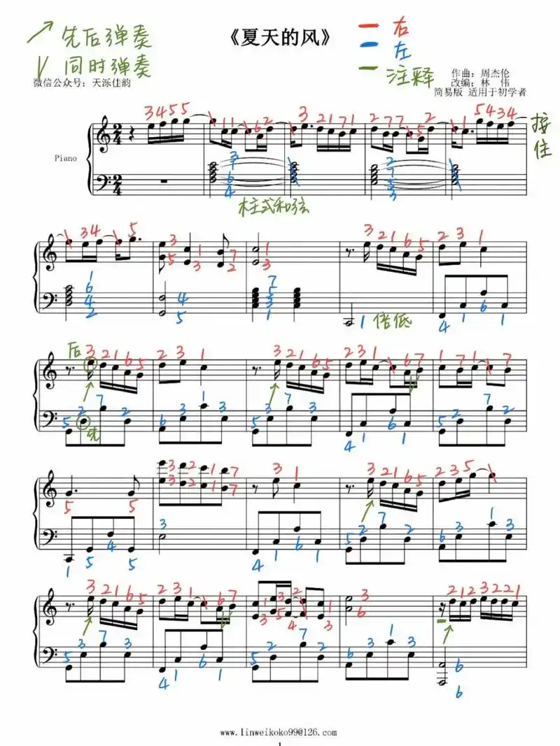 《夏天的风》c调钢琴谱附演奏注释🍃|| - 抖音
