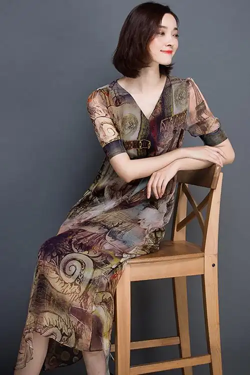 重磅真丝连衣裙夏季修身收腰桑蚕丝长裙2016韩国新款女装印花裙子