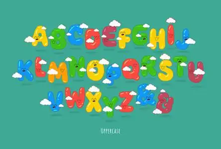 字符字母向量集. 五颜六色可爱有趣的字体. 微笑的卡通儿童刻字.