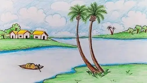 简笔画风景画彩色铅笔