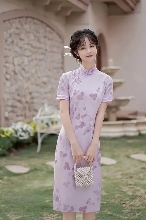 琳湘漫温婉优雅淑女范紫色绣花旗袍2024年春夏新款改良短袖年轻款