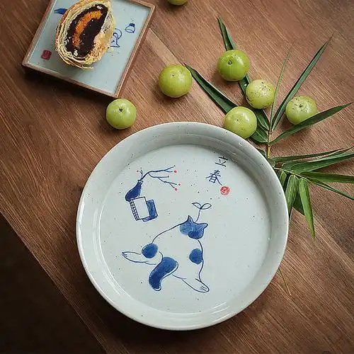 简约陶瓷手绘节气盘子创意青花瓷小猫圆形个性盘