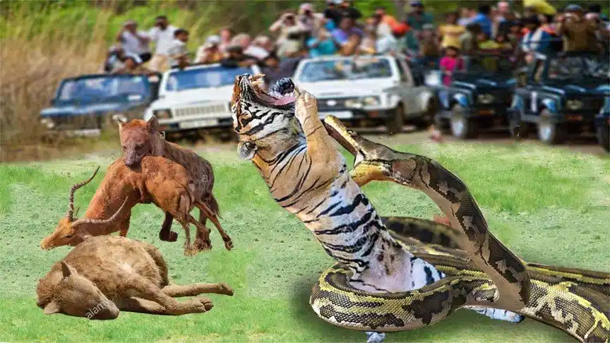 巨蟒遇到天敌了?老虎一口咬掉蛇头,巨蟒根本来不及反应!