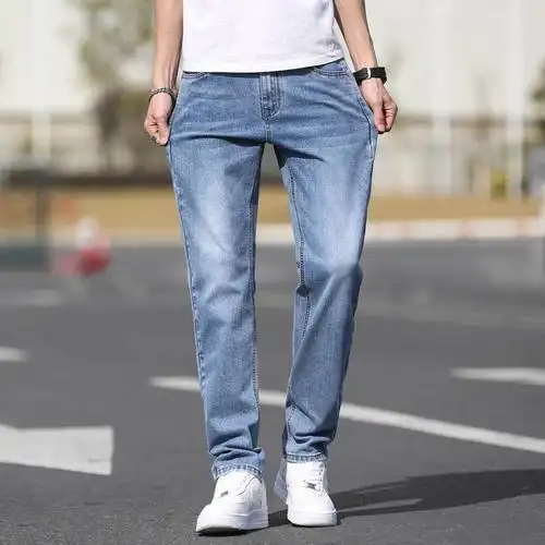 ceba浅色牛仔裤弹力磨白蓝阳光帅气青少年男士休闲宽松小直筒裤