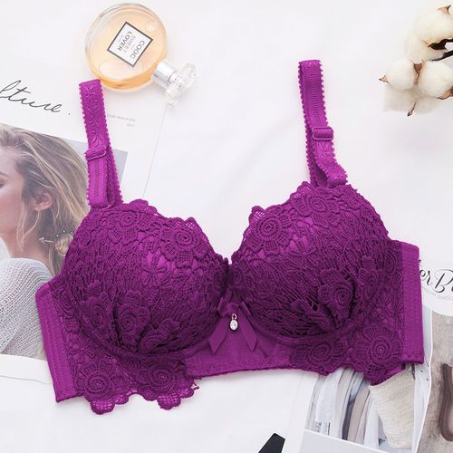 无钢圈性感聚拢刺绣文胸加厚小胸罩蕾丝女内衣调整型 紫色k3316单件