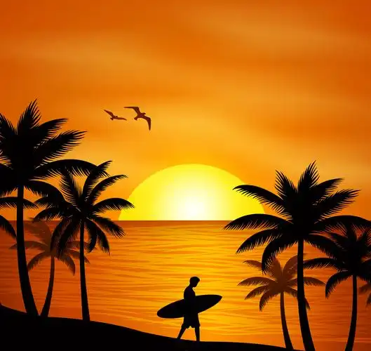 创意夕阳沙滩上拿冲浪板男子剪影矢量图