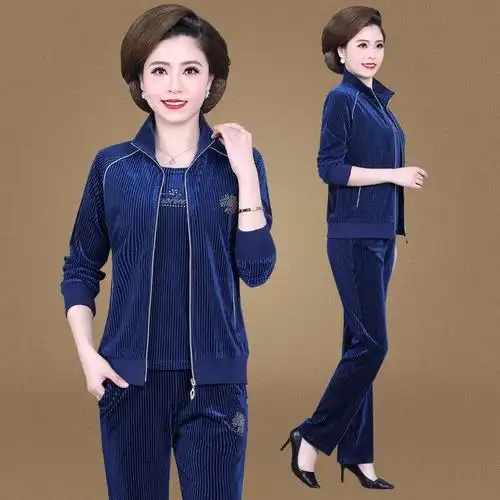 中老年妈妈秋装金丝绒运动套装女春秋新款中年妇女条绒休闲外套宽松大
