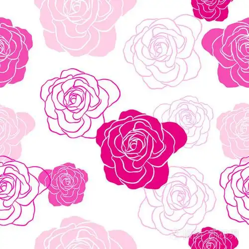 粉红色玫瑰无缝图案.剪影和轮廓样式.在白色背景上隔离的矢量插图.