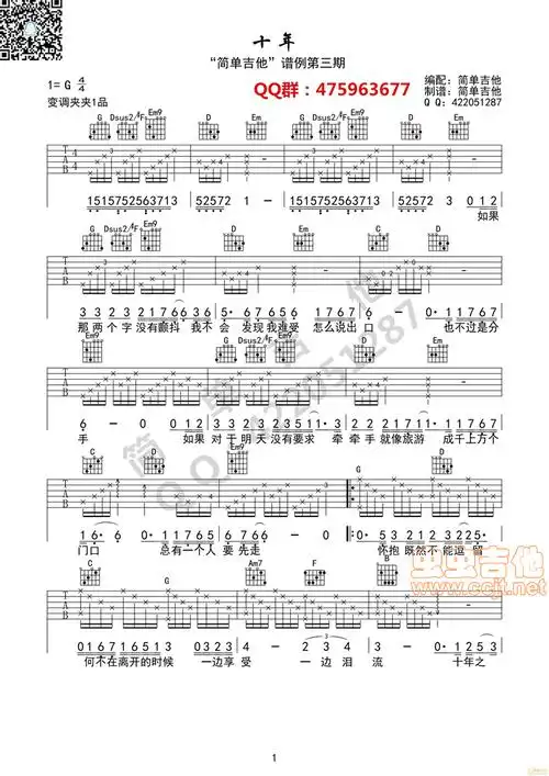 十年-陈奕迅(完美弹唱)c调六线吉他谱-虫虫吉他谱免费下载