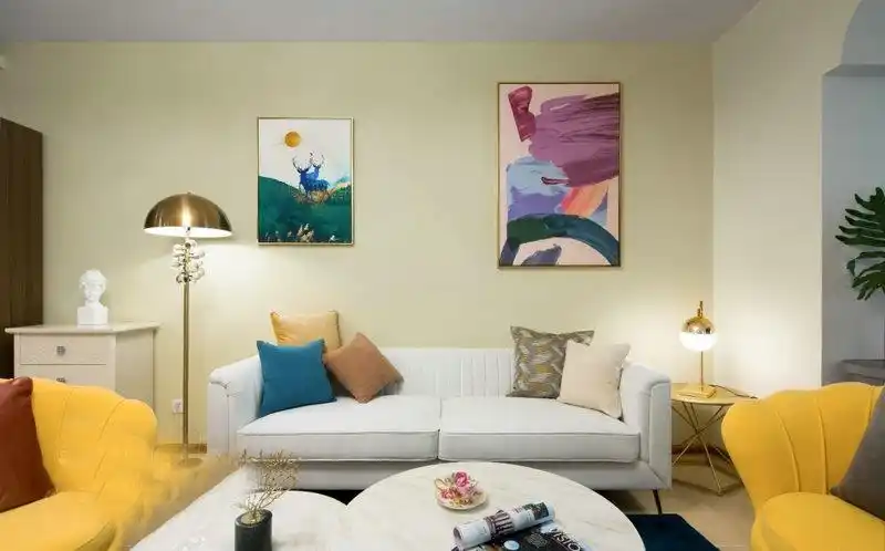 现代风格全屋米黄色硅藻泥装修效果图新中式几何图案硅藻泥电视背景墙