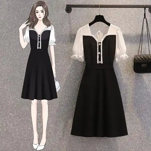 新款女装方领洋气显瘦长款2021夏季大码法式胖妹妹mm短袖连衣裙子