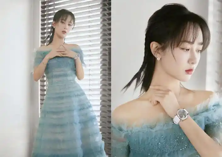 杨紫身穿marchesa仙女蓝高定礼服层叠褶皱灵动甜美淑女