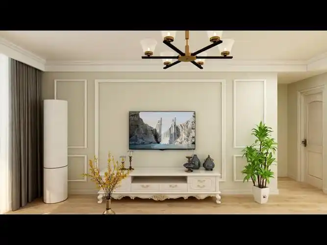 客厅电视墙选择了对称的造型,用石膏线勾勒,简洁大方