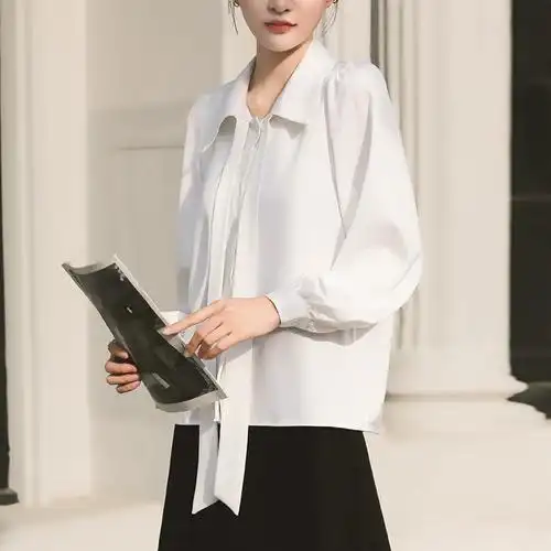 女职业蝴蝶结系带设计感雪纺上衣公务员教资面试服装衬衣春白衬衫