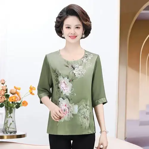 妈妈夏装短袖t恤女2024年新款中老年女装宽松时尚民族风滑丝上衣