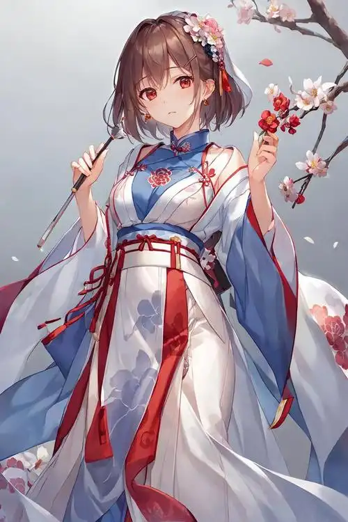 我们看到了一位充满活力的二次元女孩,她穿着华丽的汉服,仿佛从古代