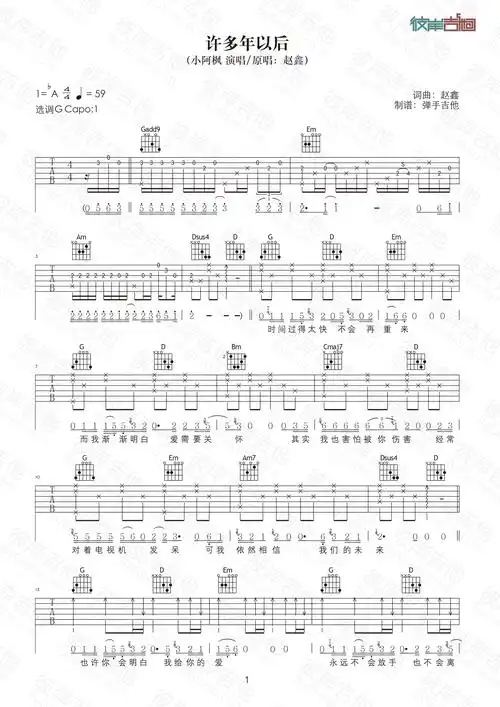 小阿枫许多年以后原版c调弹唱高清图片吉他谱