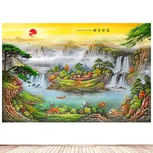 流水生财聚宝盆山水风景客厅电视背景墙画招财风水装饰画墙贴定制