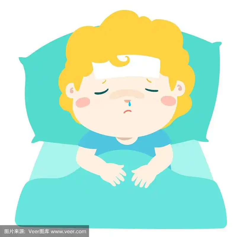 生病的小男孩躺在床上,卡通