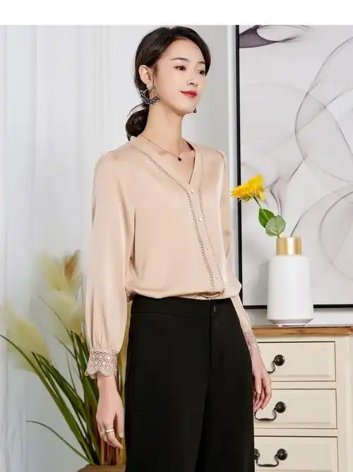 春竹真丝上衣女士2021春夏新款纯色v领长袖纯色时尚桑蚕丝衬衣女 黑色