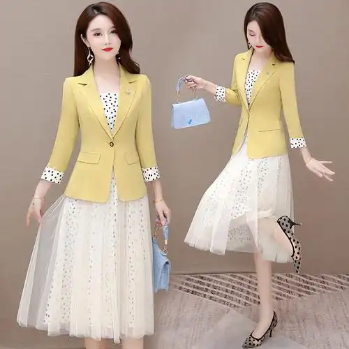 春秋季中青年女式两件套裙中年妈妈时尚小西服外套吊带连衣裙套装